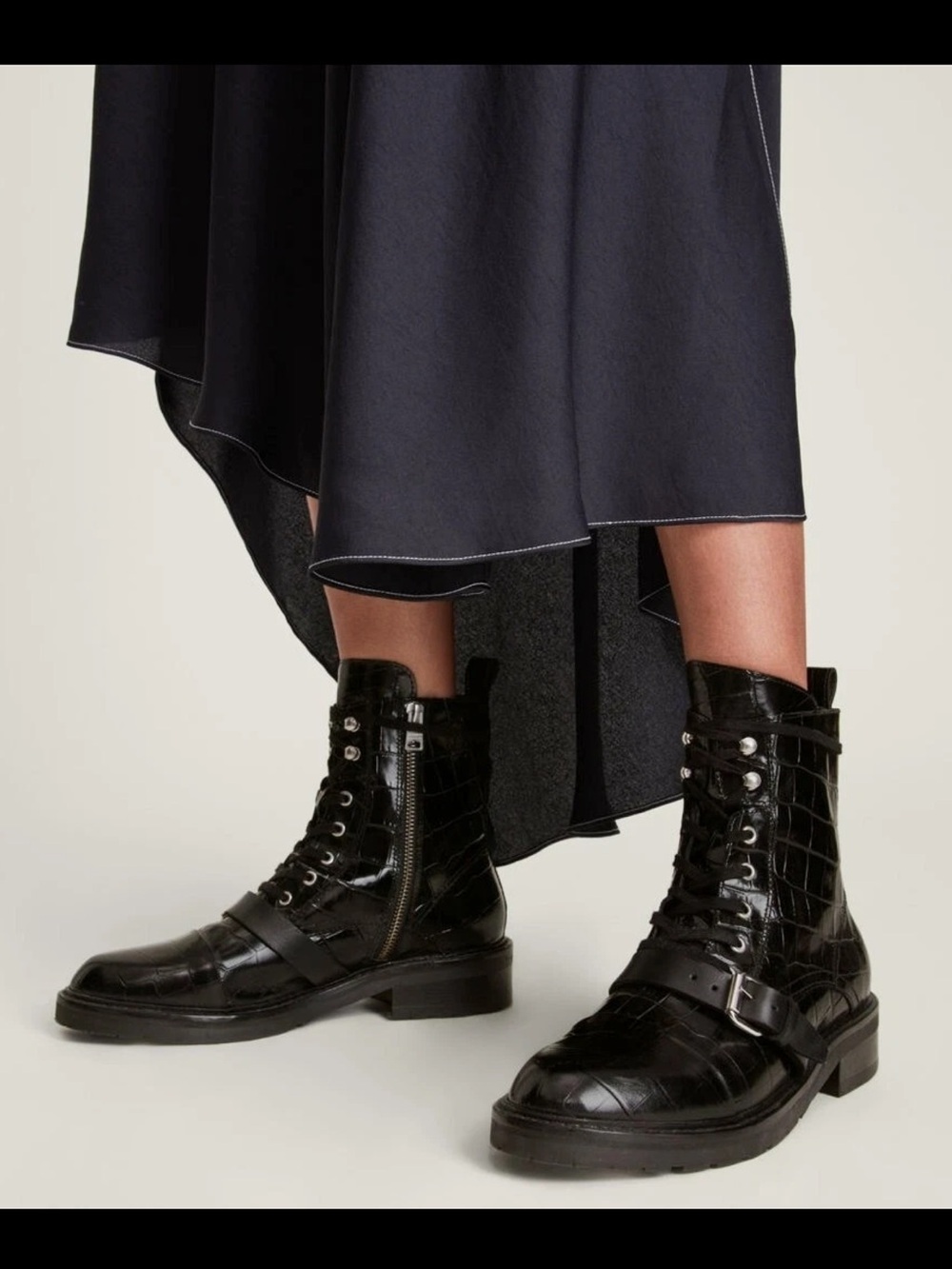 AllSaints Donita Black Crocodile Embossed Leather Combat Boots Size 10 EU 41 - Picture 1 of 12